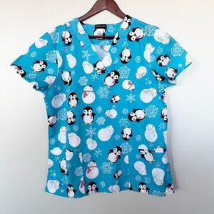 Scrub Studio Women’s V-Neck Scrub Top - Penguin Playland Winter Print - Size Med
